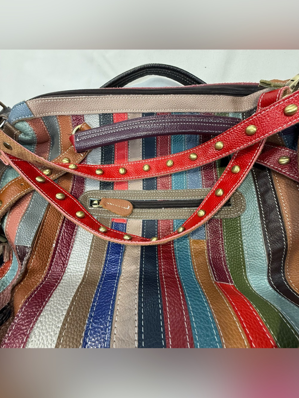 Colorful Striped Leather Shoulder Bag with Studded Strap - Picture 8 of 13